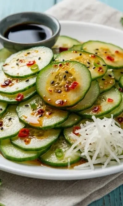 Ensalada de pepino con vinagreta de laoganma