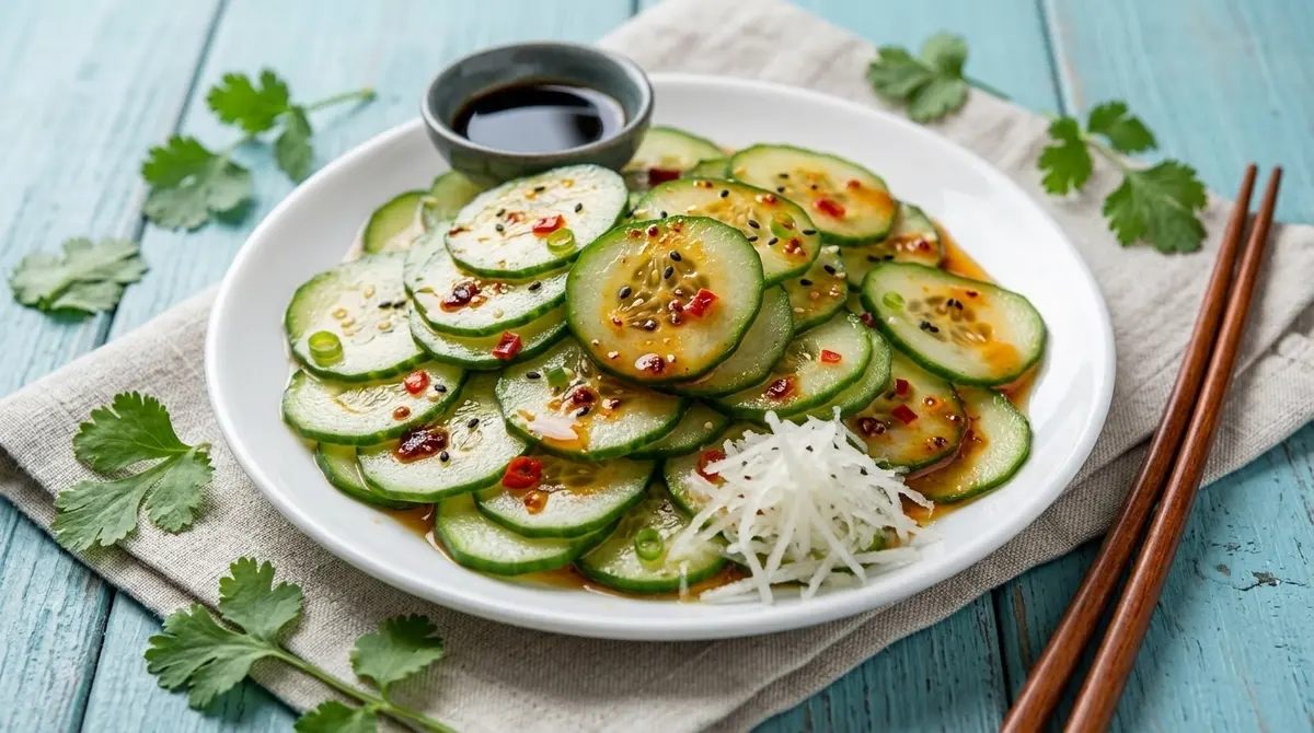 Ensalada de pepino con vinagreta de laoganma