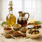 ingredientes para explicar como hacer una vinagreta: aceite, vinagre, especias