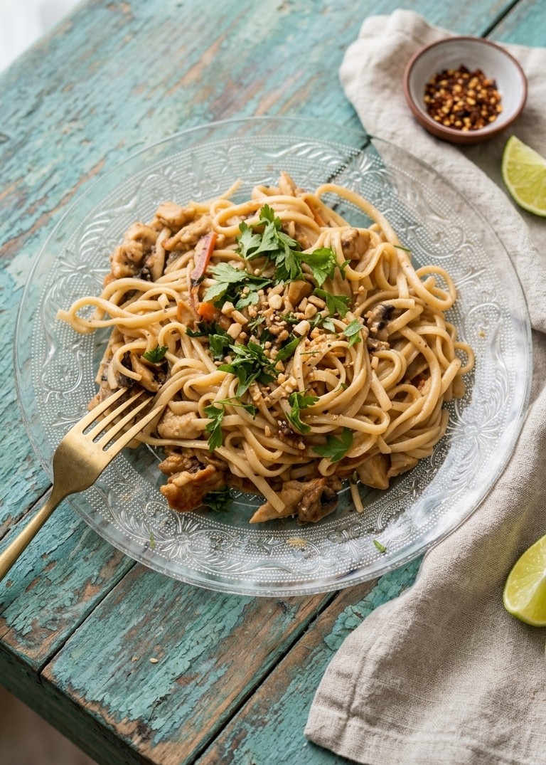 Fideos con pollo y salsa Satay