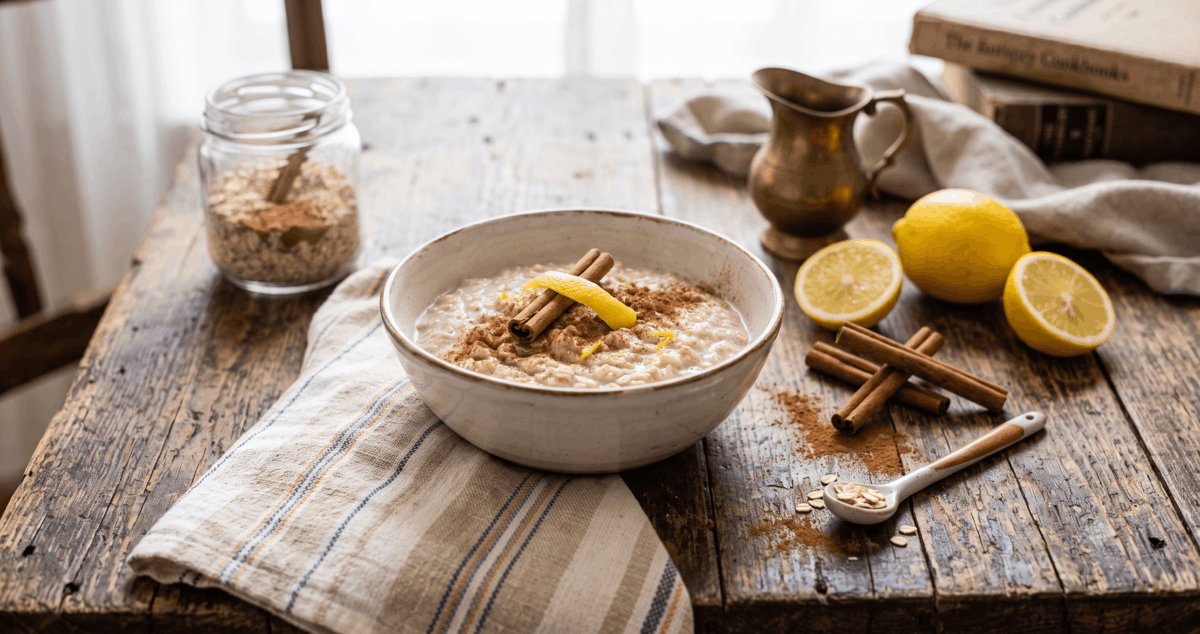 cuenco de avena trasnochada con canela y limón